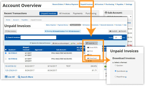 Download invoices for Quicken, Quickbooks, or PeachTree