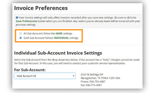 Invoice preferences for sub-accounts