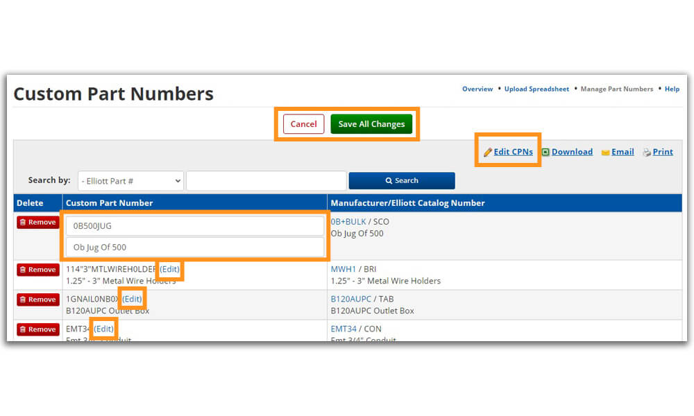 Edit Custom Part Numbers