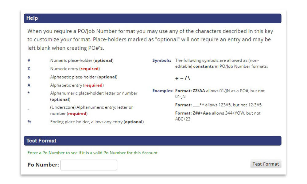  PO/Job Number format help